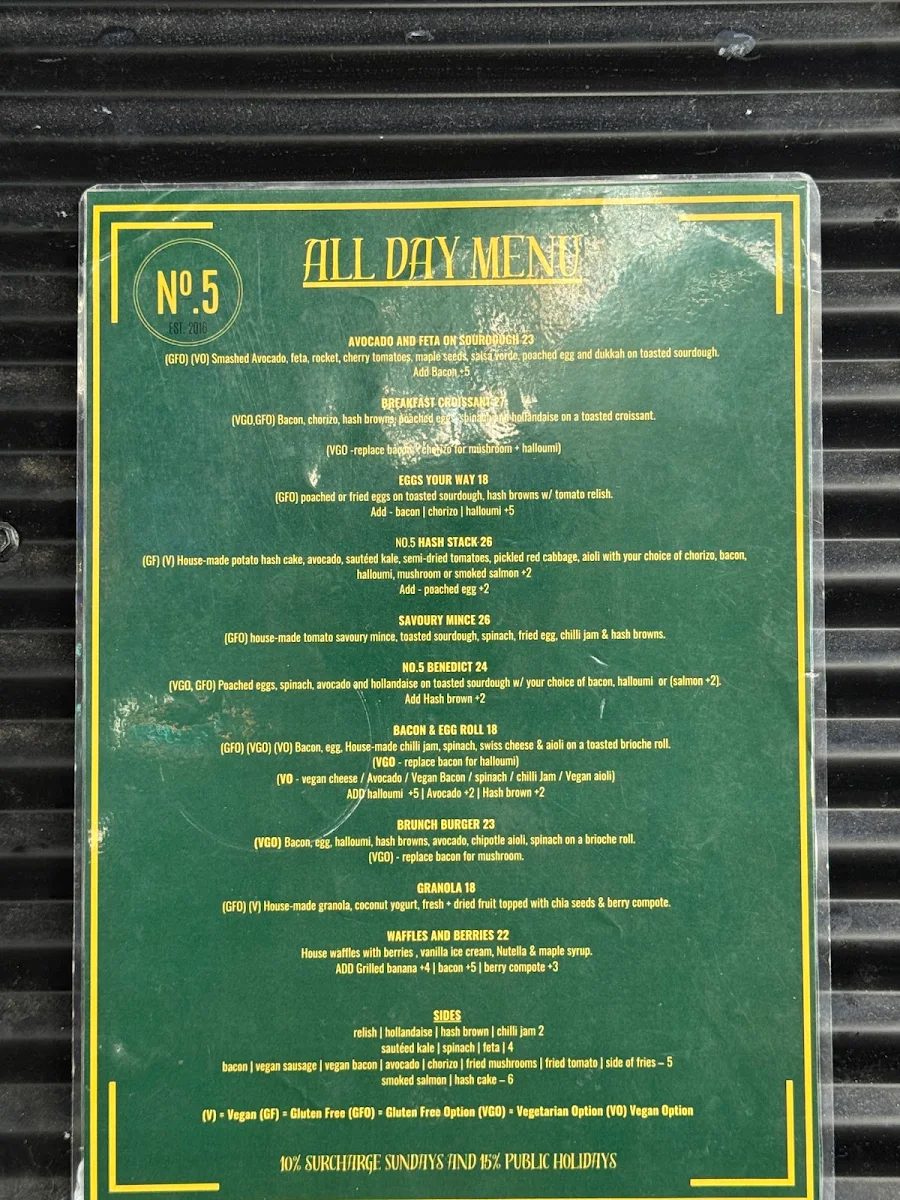 Menu, No.5 Cafe