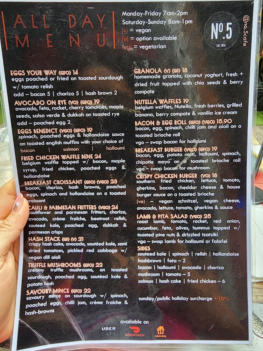 Menu, No.5 Cafe