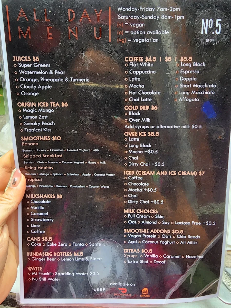 Menu, No.5 Cafe
