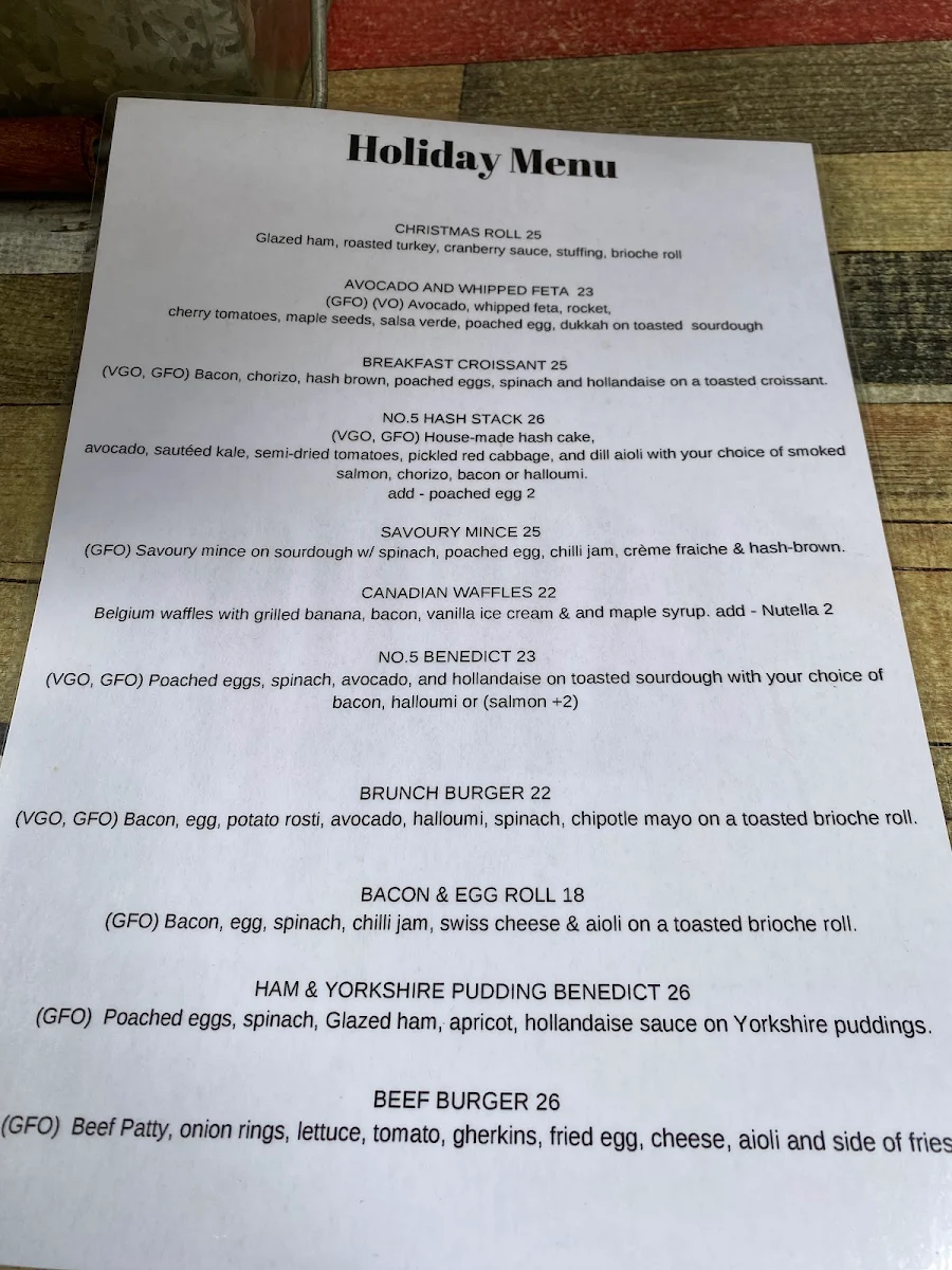 Menu, No.5 Cafe