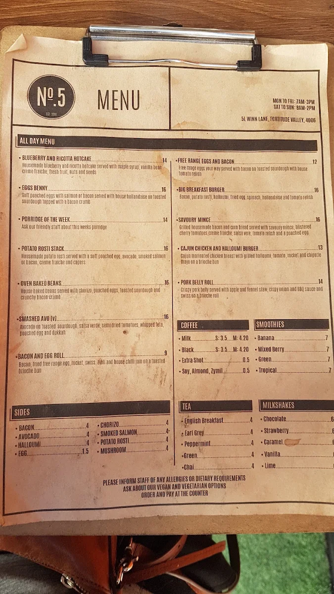 Menu, No.5 Cafe