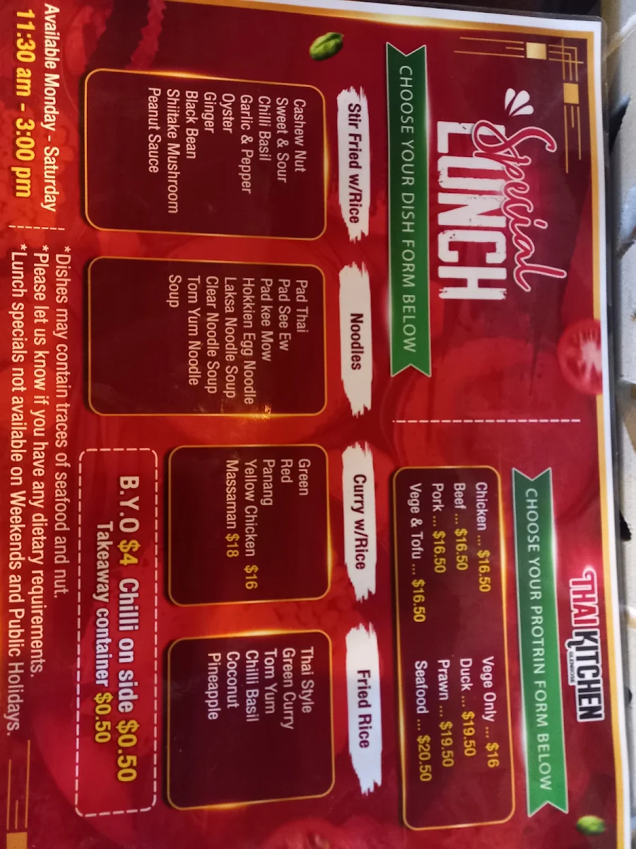 Menu, Thai Kitchen Glenrose