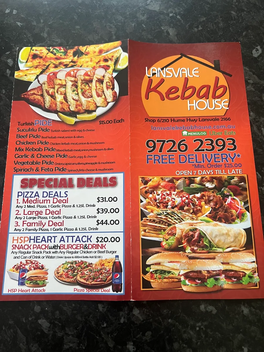 Menu, Lansvale Kebab House