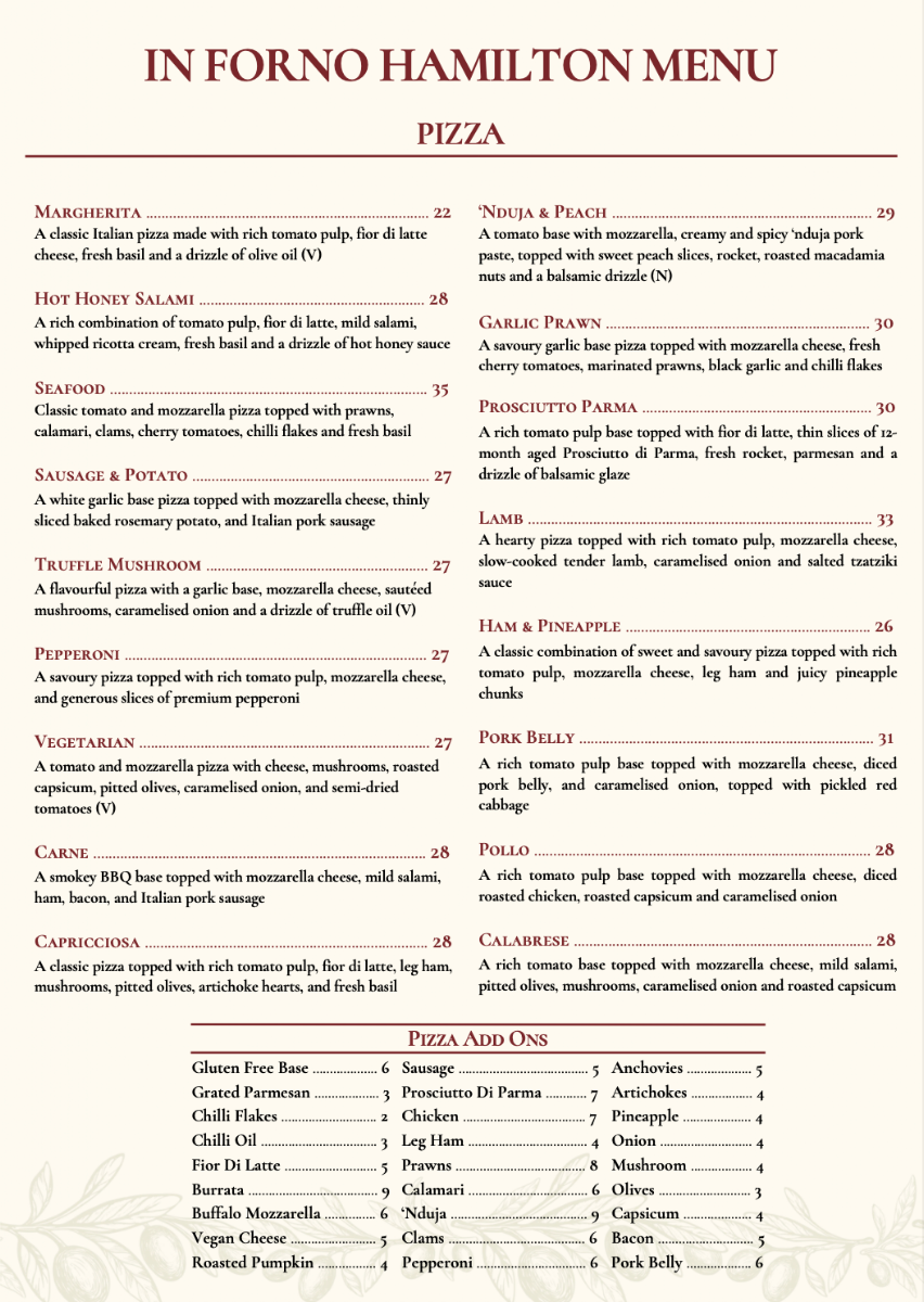 Menu, In Forno Hamilton