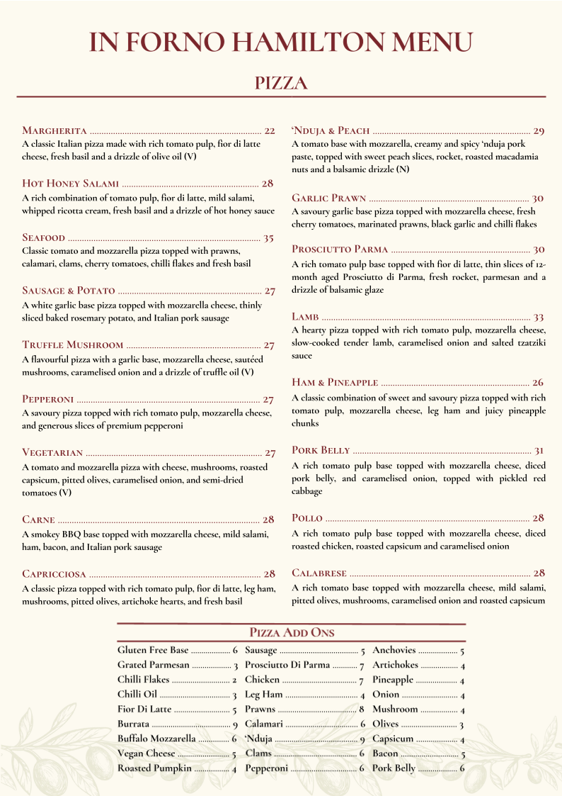 Menu, In Forno Hamilton