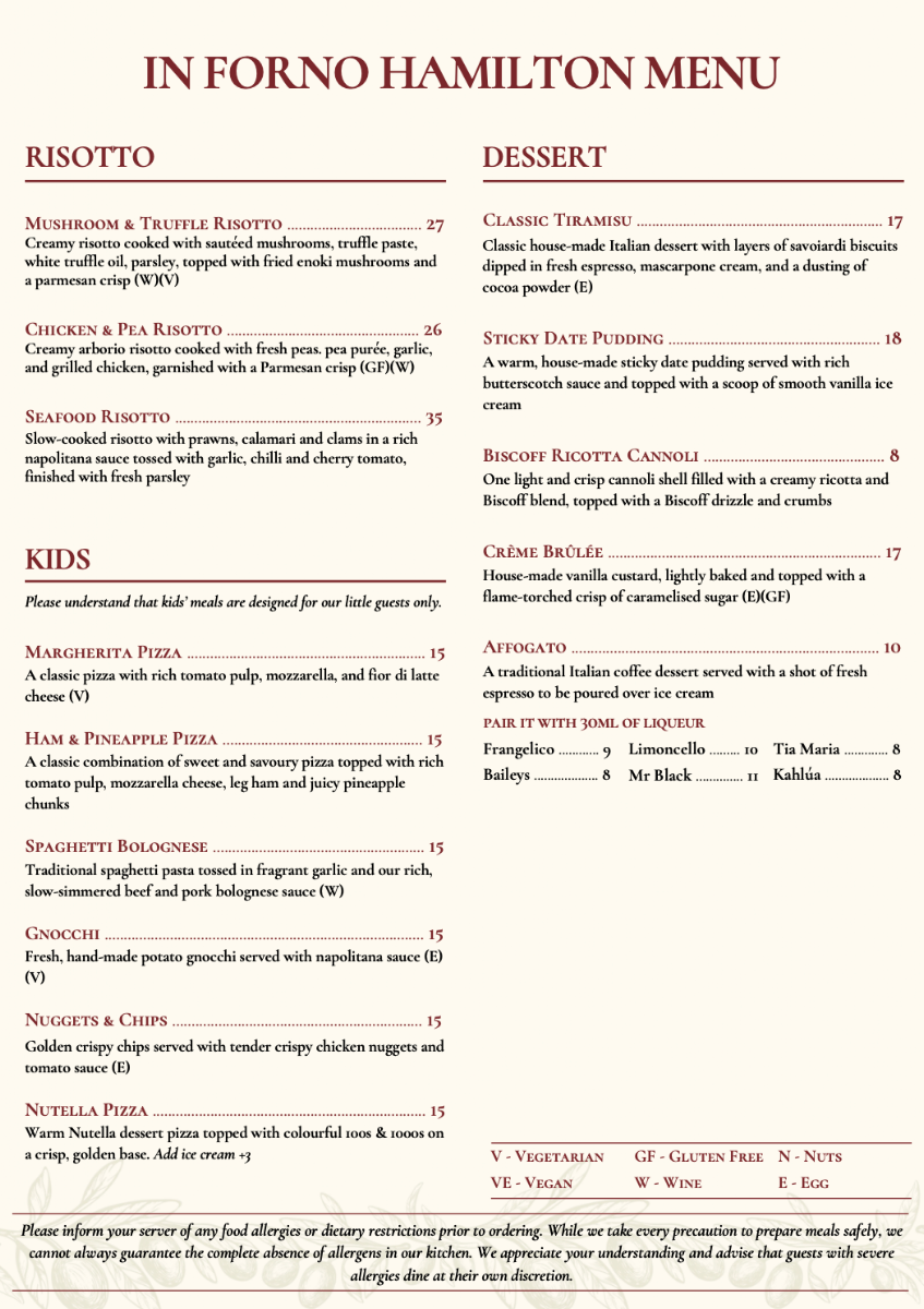 Menu, In Forno Hamilton