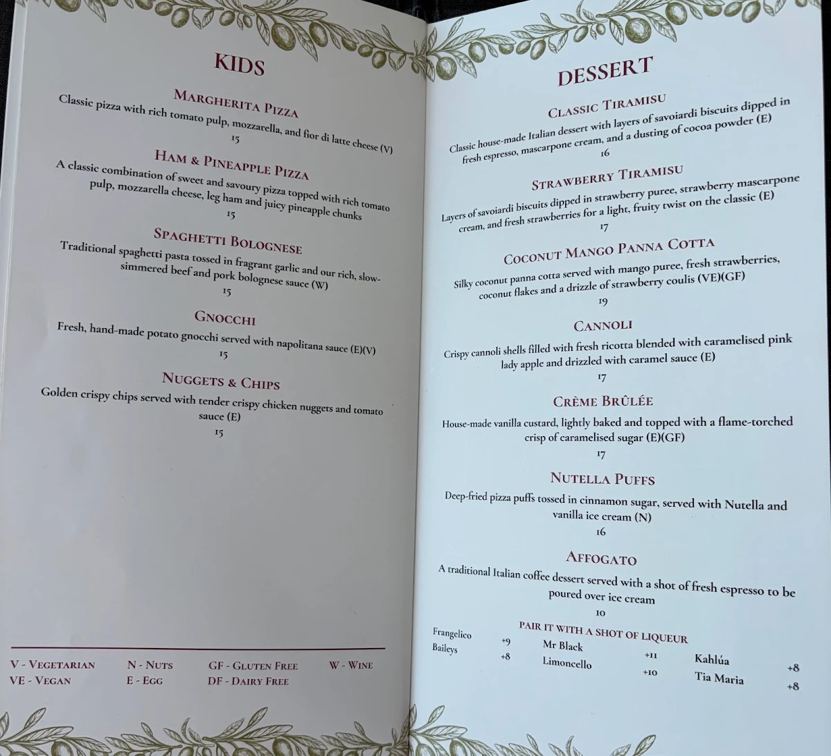 Menu, In Forno Hamilton