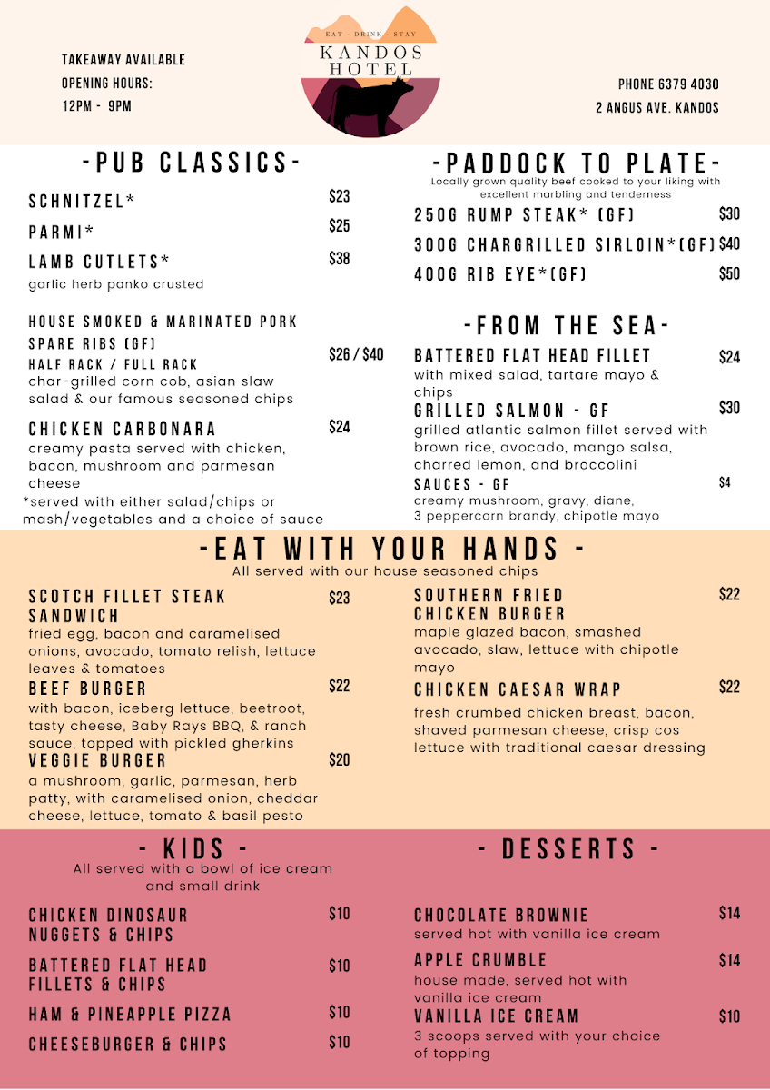 Menu, Kandos Hotel