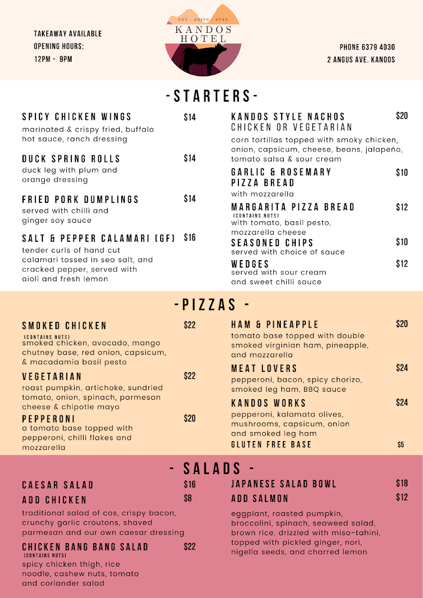 Menu, Kandos Hotel