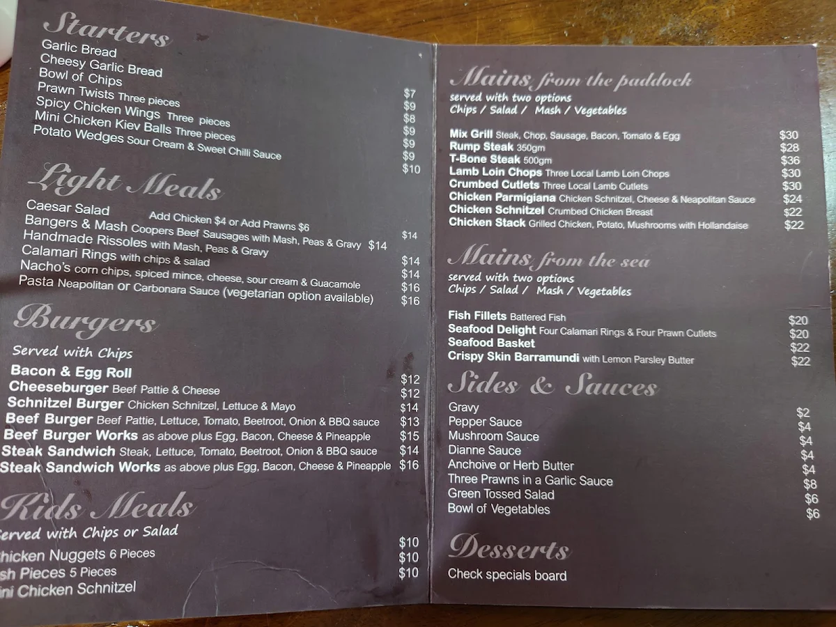 Menu, Kandos Hotel