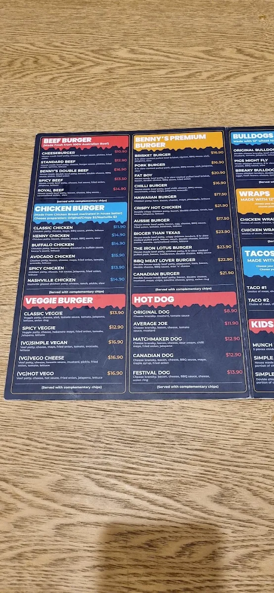 Menu, Benny's American Burgers - Magill Road