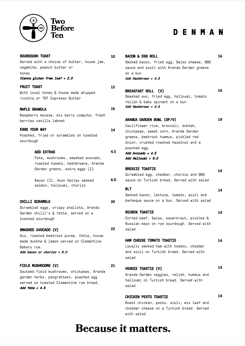 Menu, Two Before Ten Denman