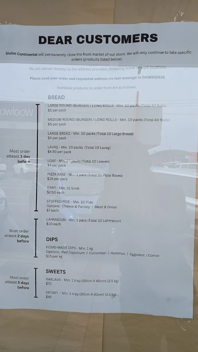 Menu, Sivlim Bakery