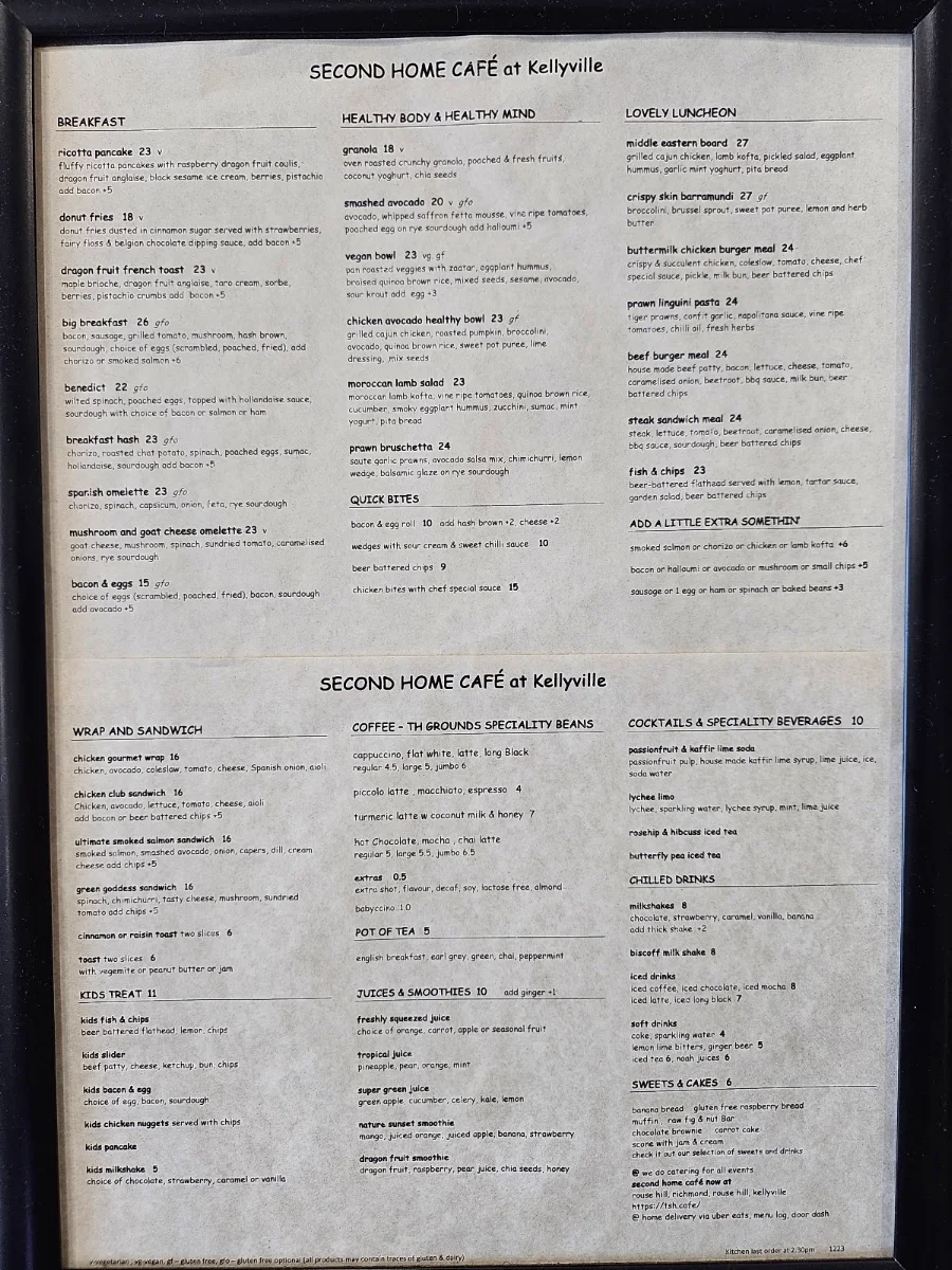 Menu, Second Home Cafe - Kellyville