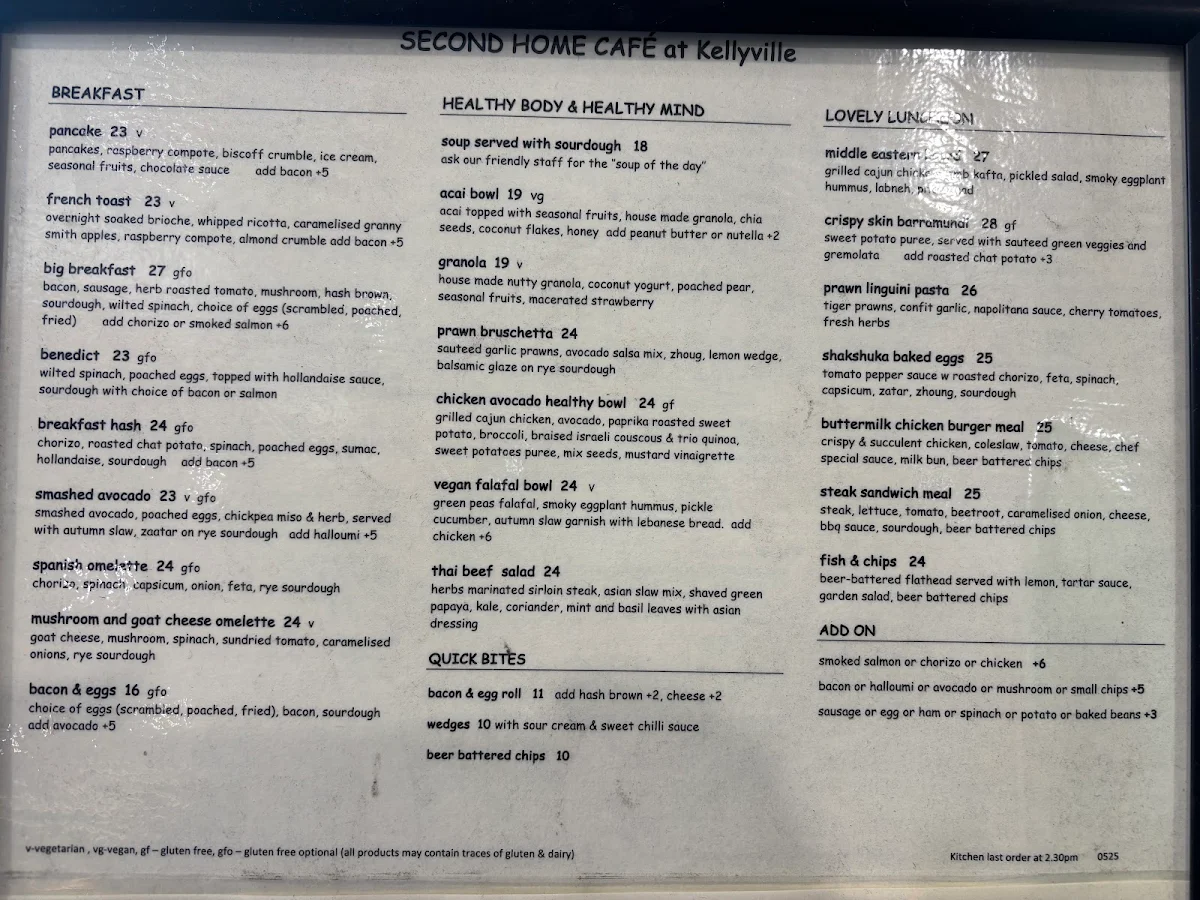 Menu, Second Home Cafe - Kellyville