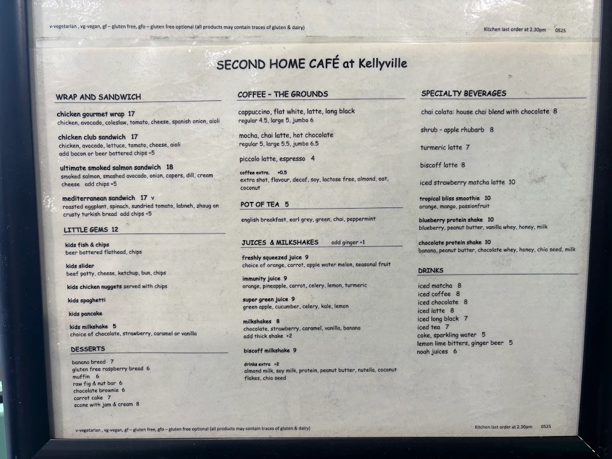 Menu, Second Home Cafe - Kellyville