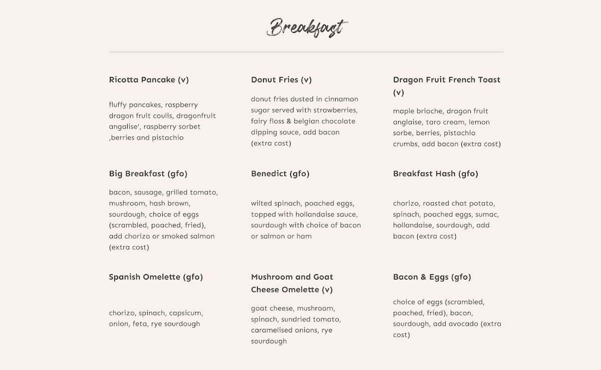 Menu, Second Home Cafe - Kellyville