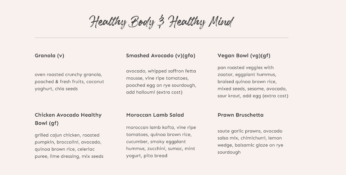 Menu, Second Home Cafe - Kellyville