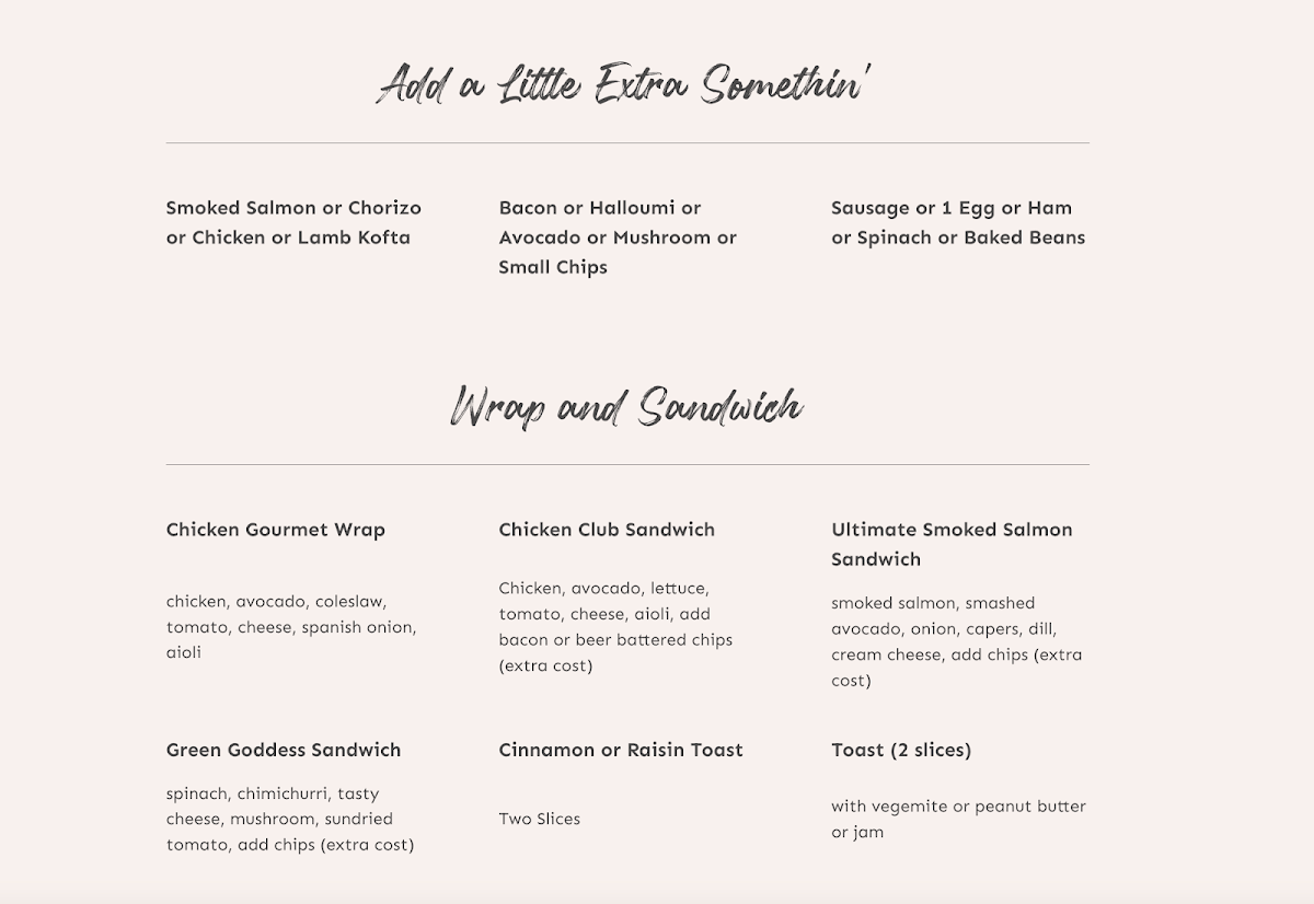 Menu, Second Home Cafe - Kellyville