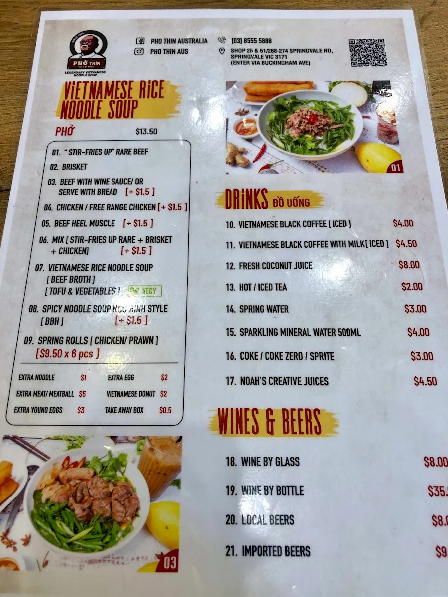 Menu, Pho Thin Springvale