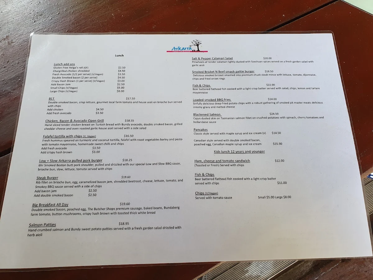 Menu, Arkarra Gardens Café Restaurant