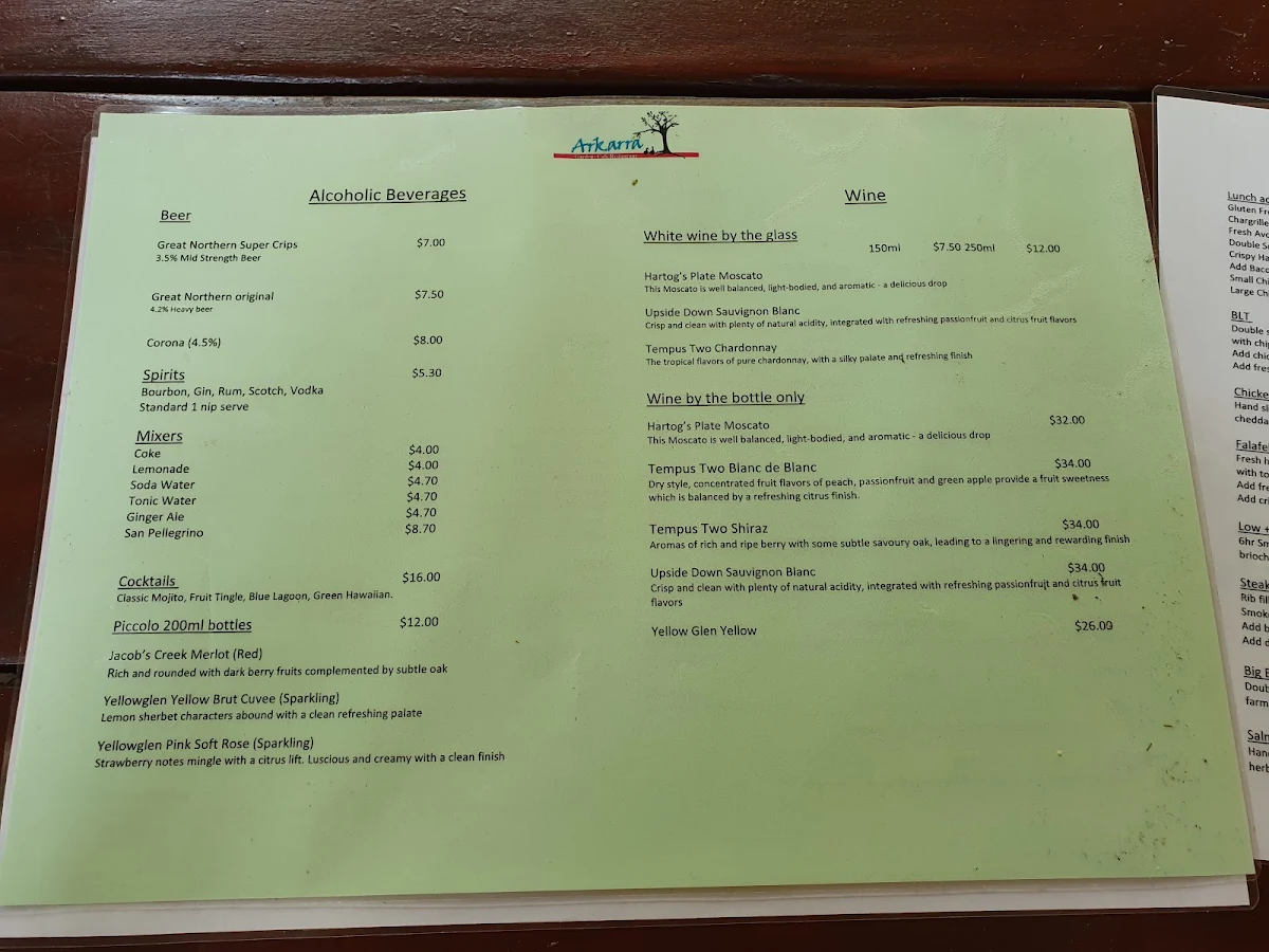 Menu, Arkarra Gardens Café Restaurant