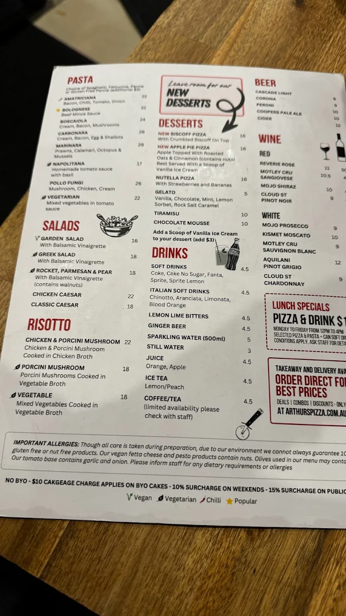 Menu, Arthur's Pizza - Randwick