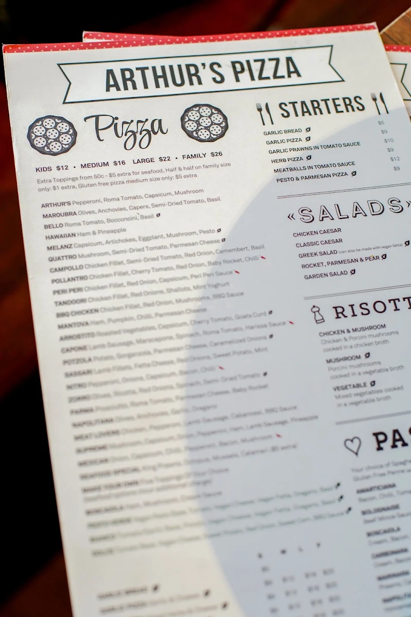 Menu, Arthur's Pizza - Randwick