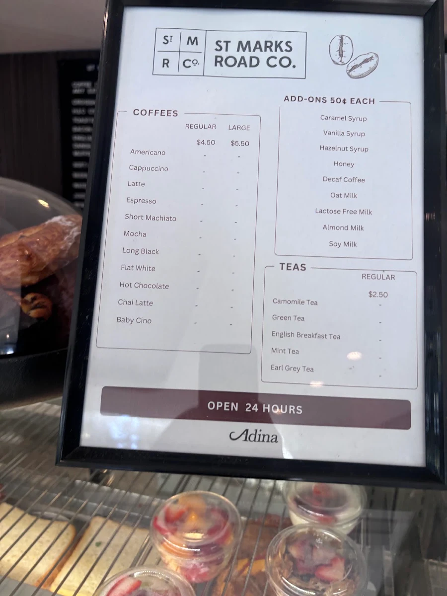 Menu, St Marks Road Co. Southbank
