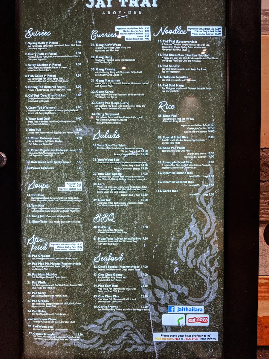 Menu, Jai Thai Lara