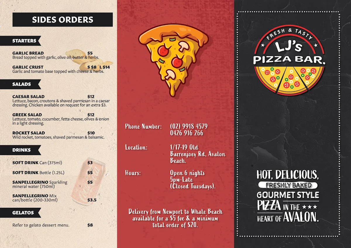 Menu, LJ's Pizza Bar