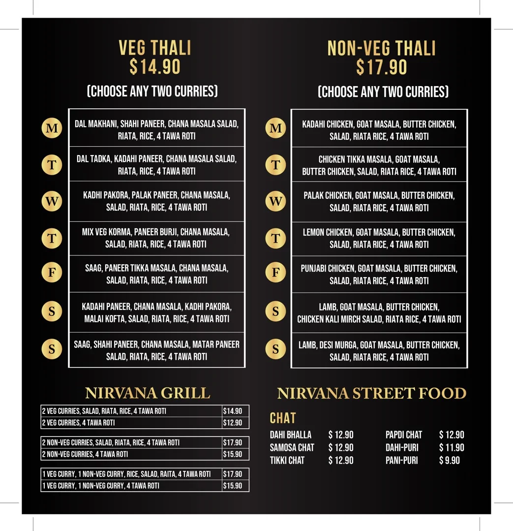 Menu, Nirvana Grill