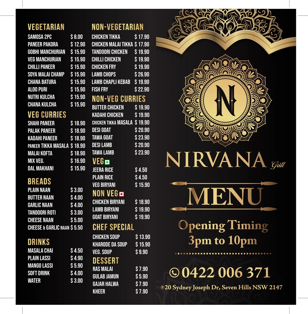 Menu, Nirvana Grill