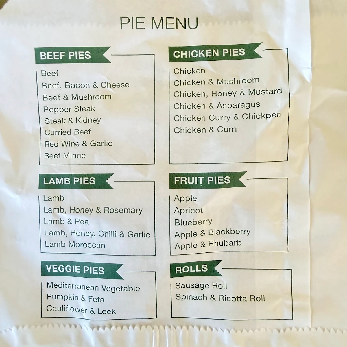 Menu, Pie in the Sky