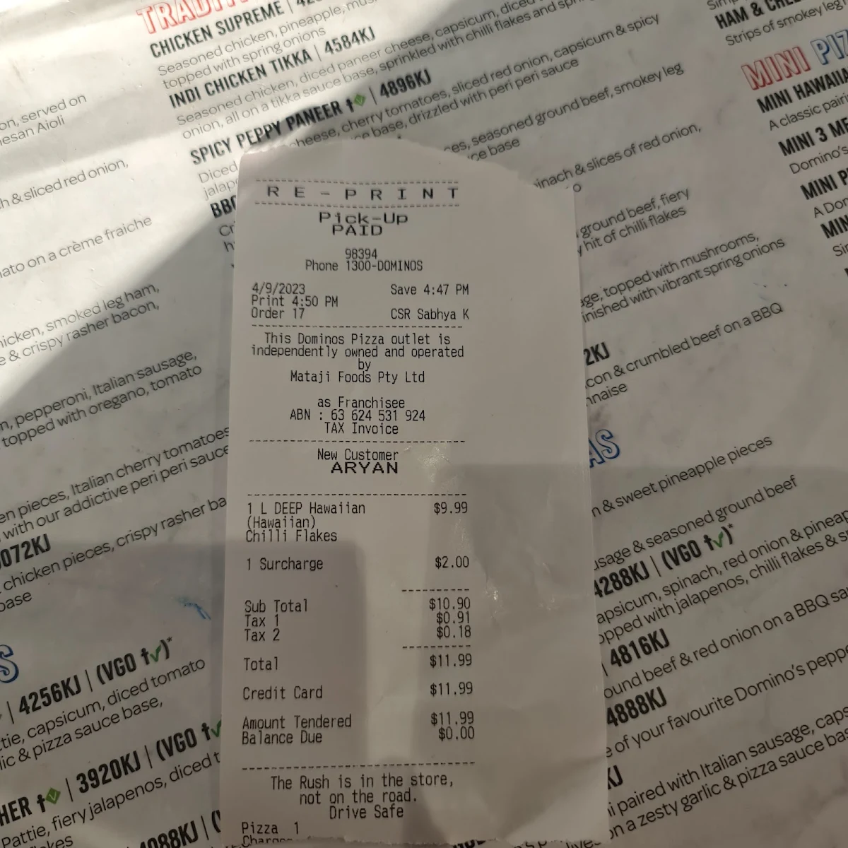 Menu, Domino's Pizza Northmead