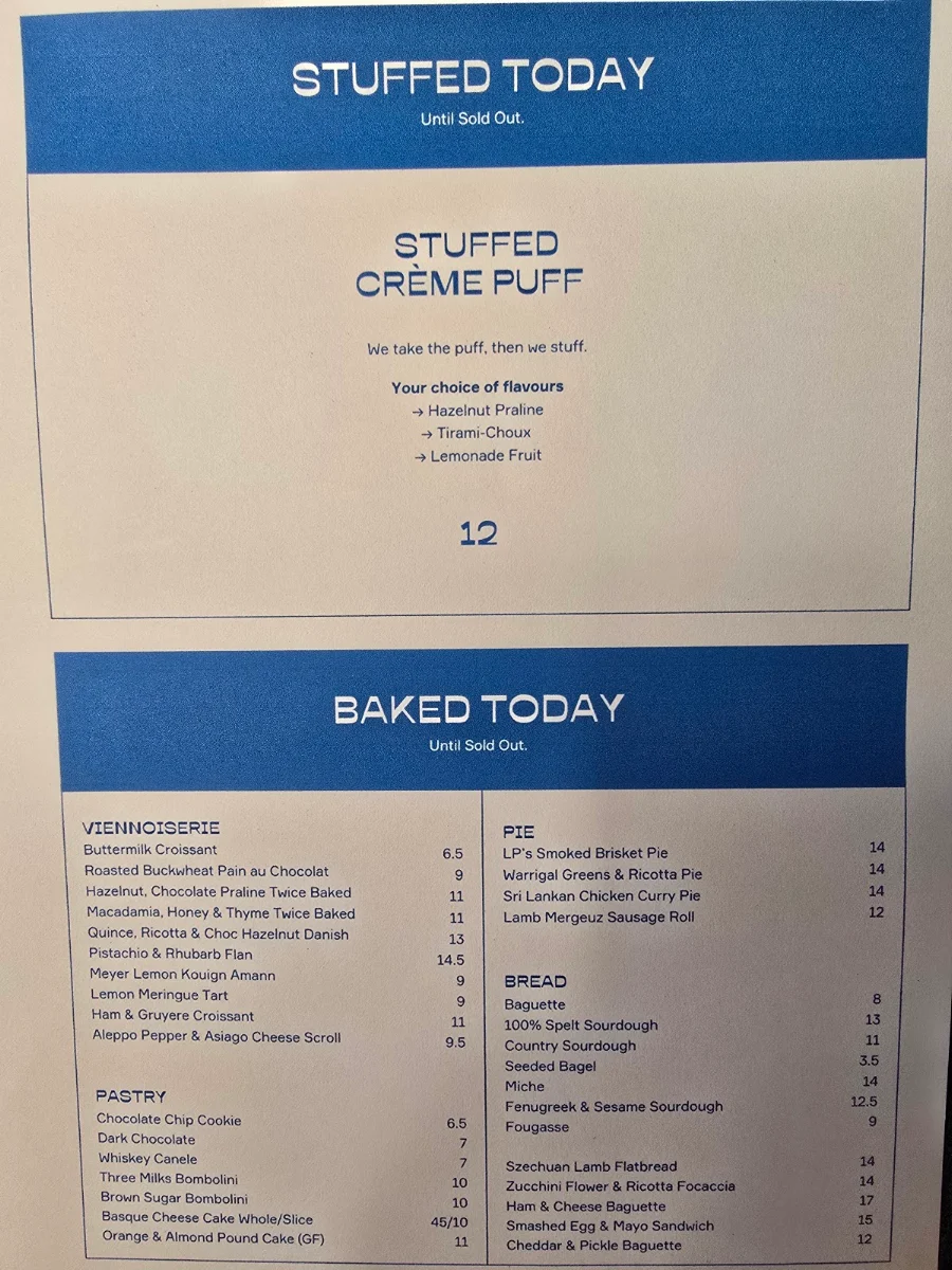 Menu, A.P Supply (A.P Bakery)