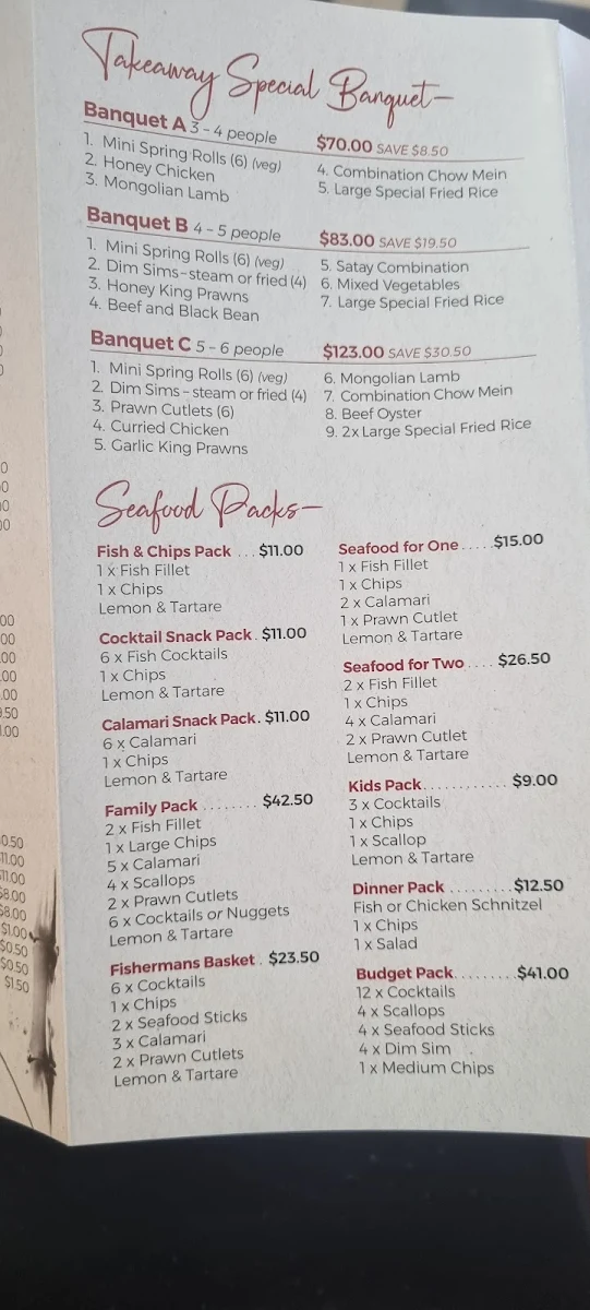 Menu, Remo's Waterside Chinese Takeaway