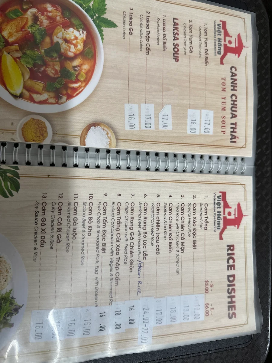 Menu, Viet Hong Vietnamese Restaurant