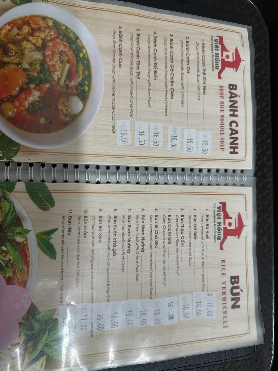 Menu, Viet Hong Vietnamese Restaurant