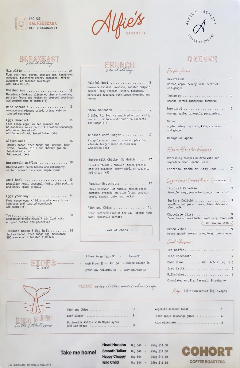Menu, Alfie's Cabarita