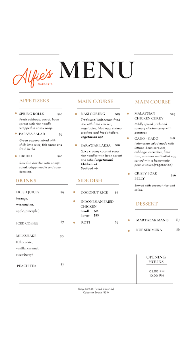 Menu, Alfie's Cabarita
