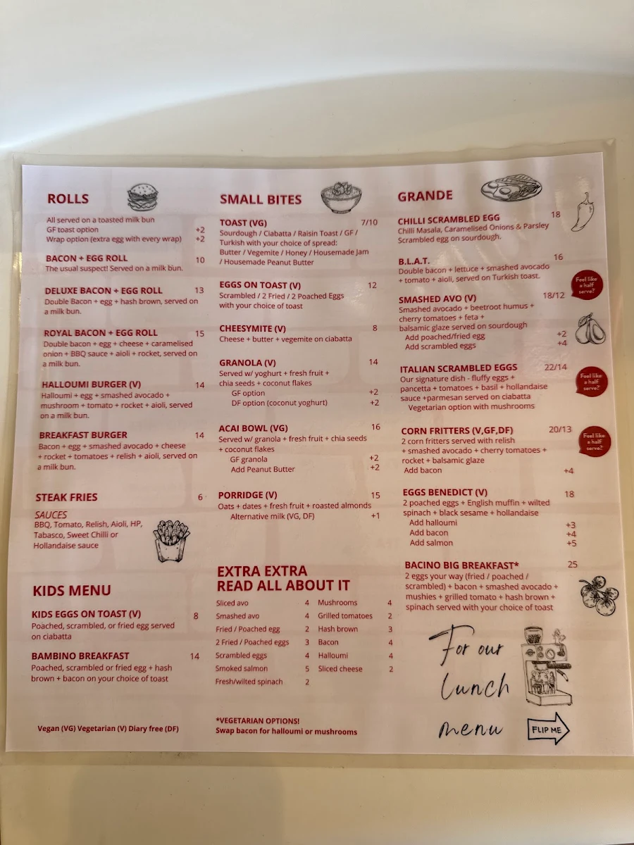 Menu, Bacino Bar Manly