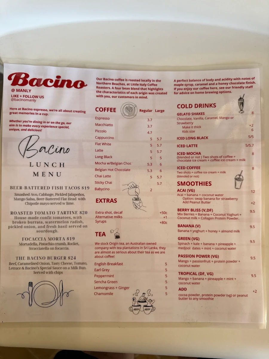 Menu, Bacino Bar Manly