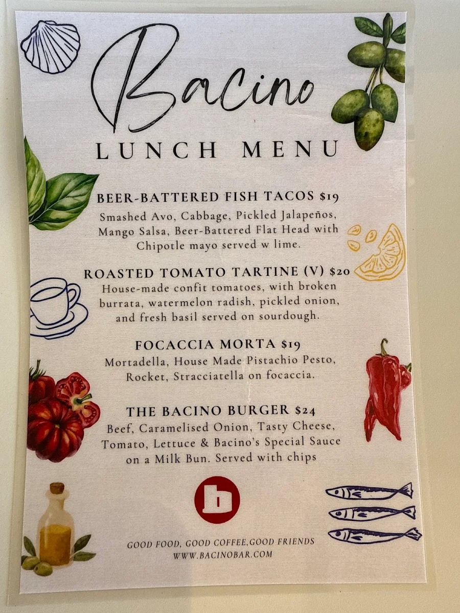 Menu, Bacino Bar Manly
