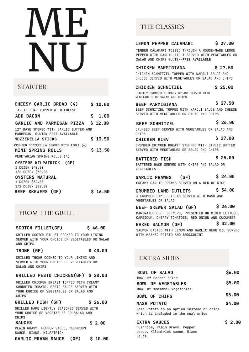 Menu, Euston Royal Hotel Terrace 31 Restaurant