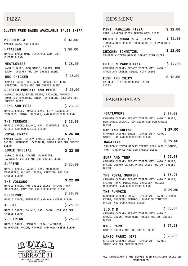 Menu, Euston Royal Hotel Terrace 31 Restaurant