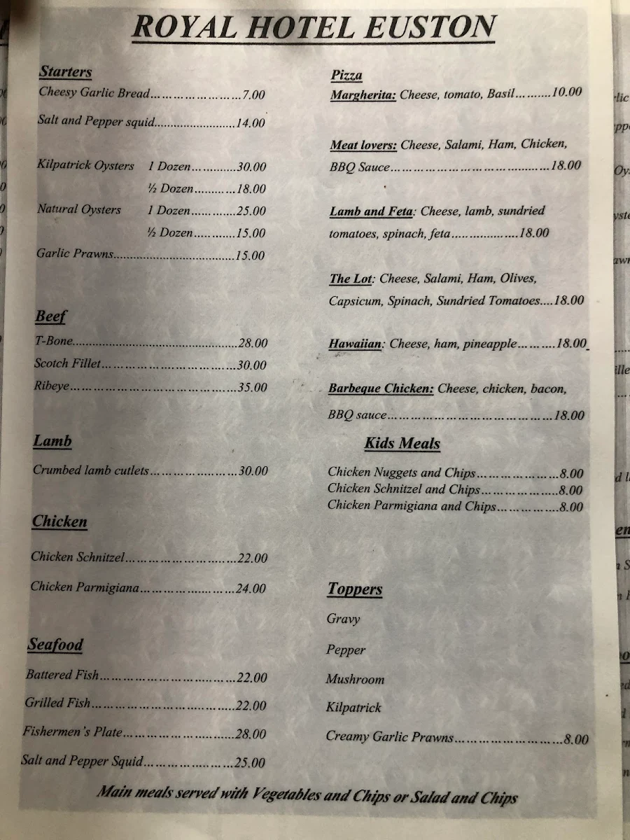 Menu, Euston Royal Hotel Terrace 31 Restaurant