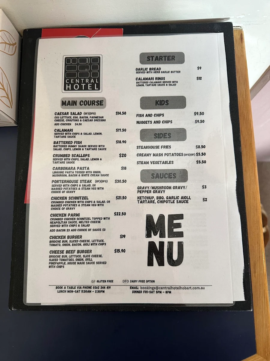 Menu, Central Hotel - Bar, Bistro, Gaming & Accommodation