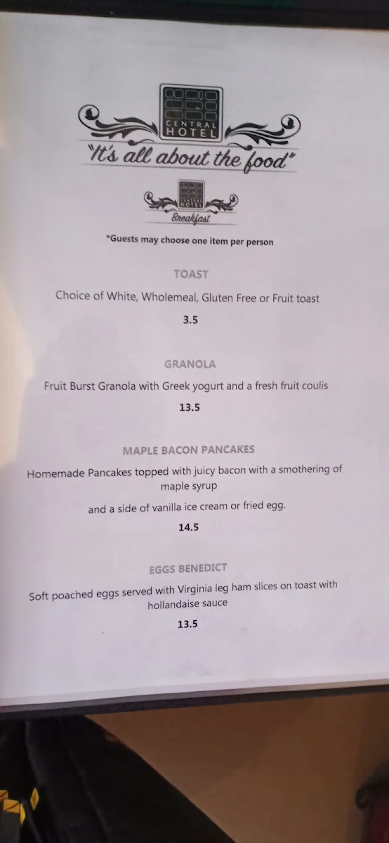Menu, Central Hotel - Bar, Bistro, Gaming & Accommodation