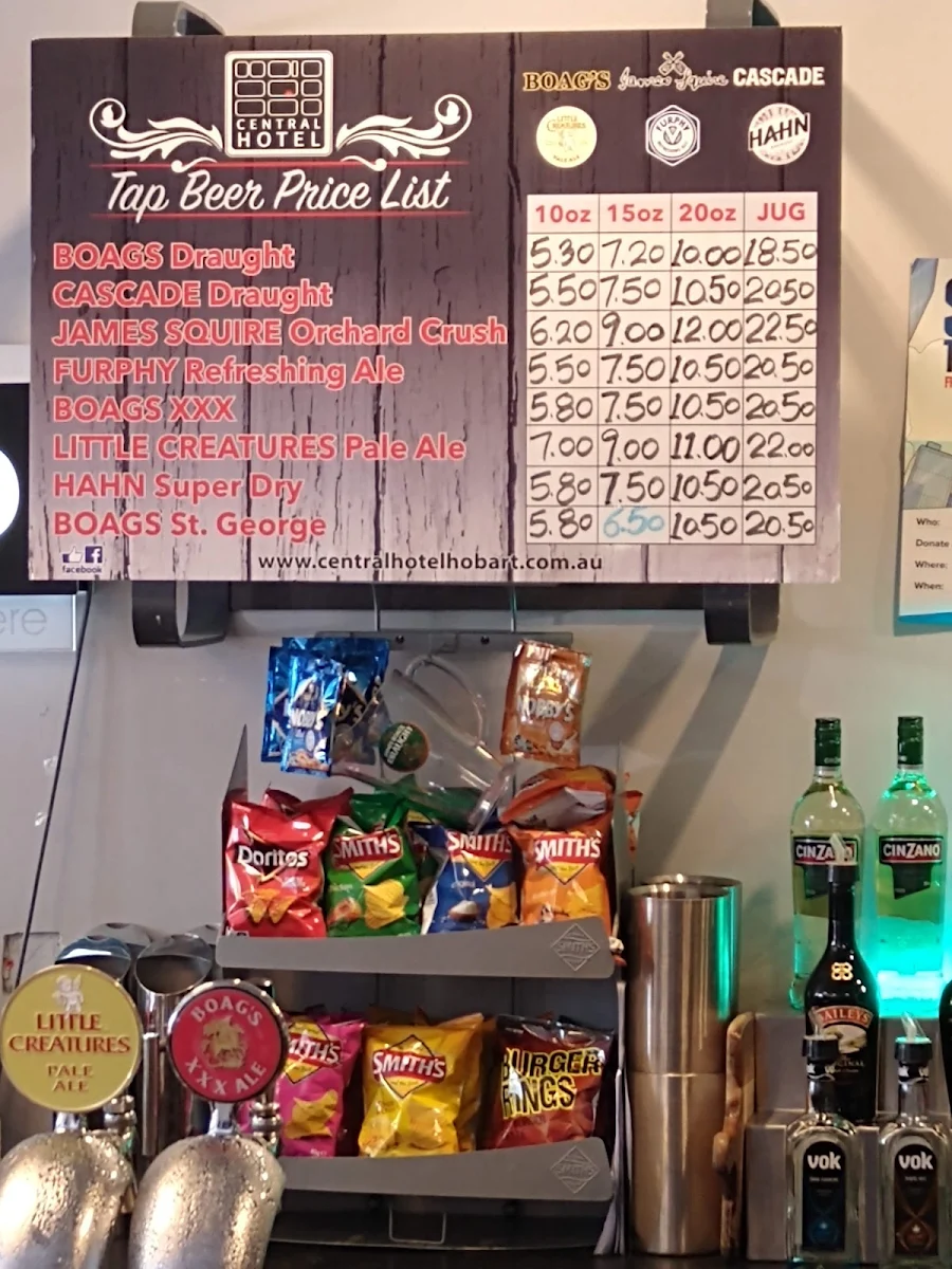Menu, Central Hotel - Bar, Bistro, Gaming & Accommodation